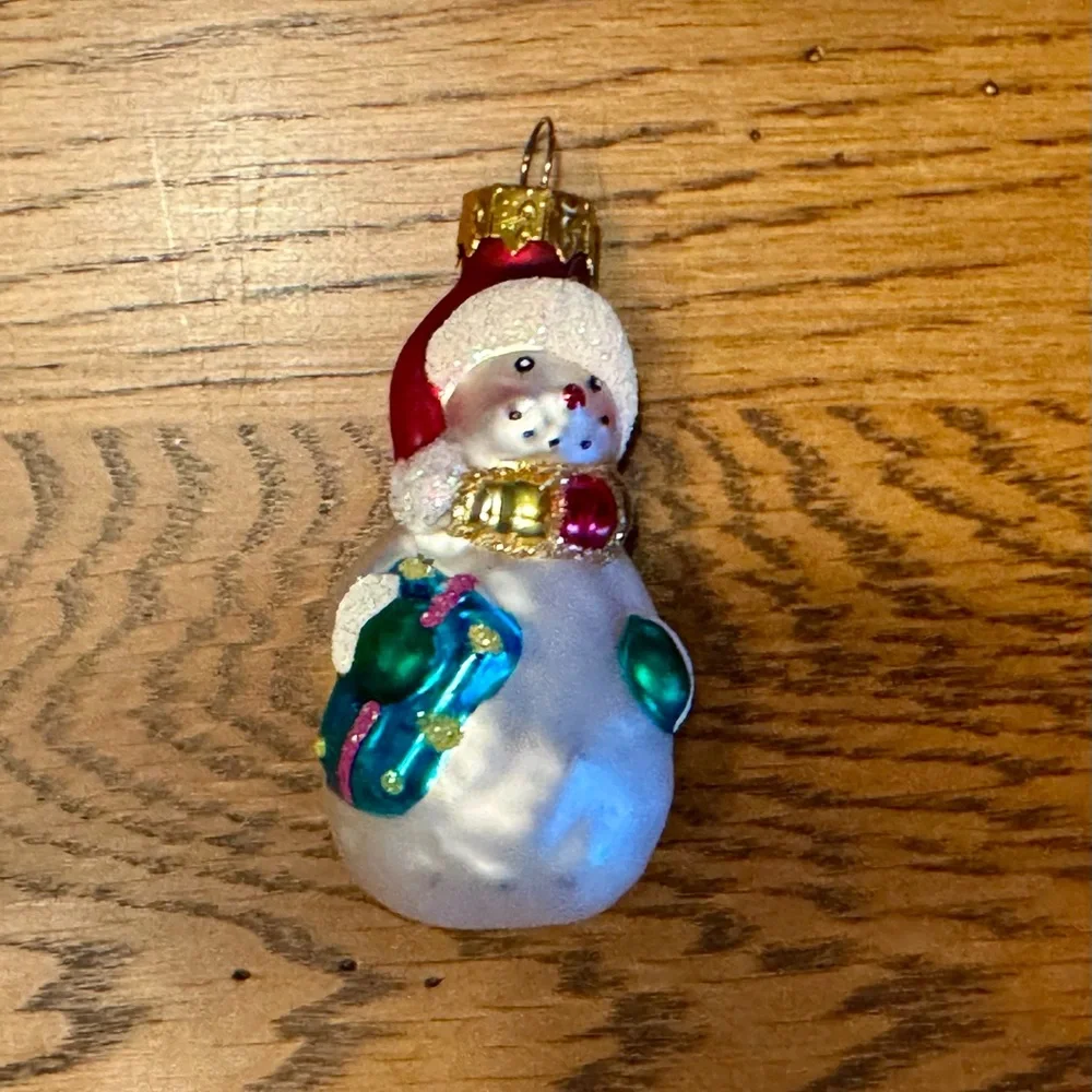 Vintage Blown Glass Snowman Christmas Ornament Glitter Scarf Stocking 3